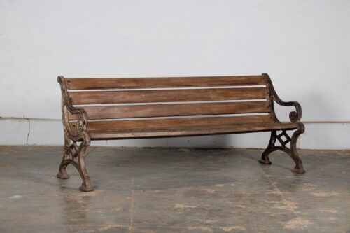 Vintage Indian Teakwood and Cast Iron Garden Bench, 29Hx72x23