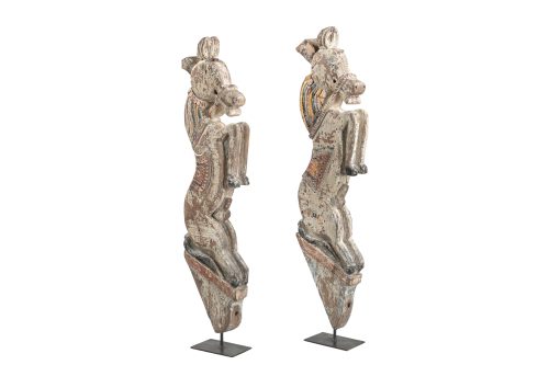 Pair of Large Antique Indian Painted Teakwood Horse Corbels, 46x10x5