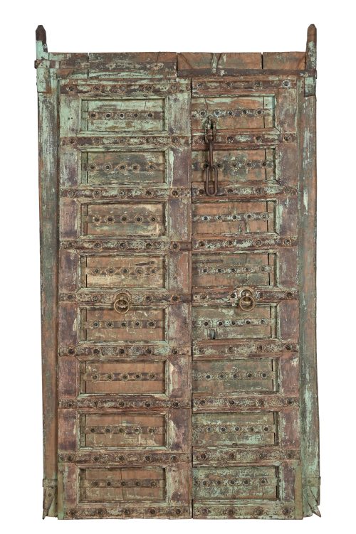 Antique Indian Carved and Painted Teakwood Gujarati Door, 82Hx47x3
