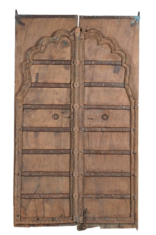 Antique Indian Carved Teakwood and Iron Door, 81Hx47x3