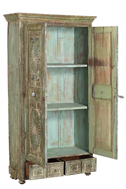 Antique Indian Carved and Painted Armoire,71Hx38x15 - Image 4