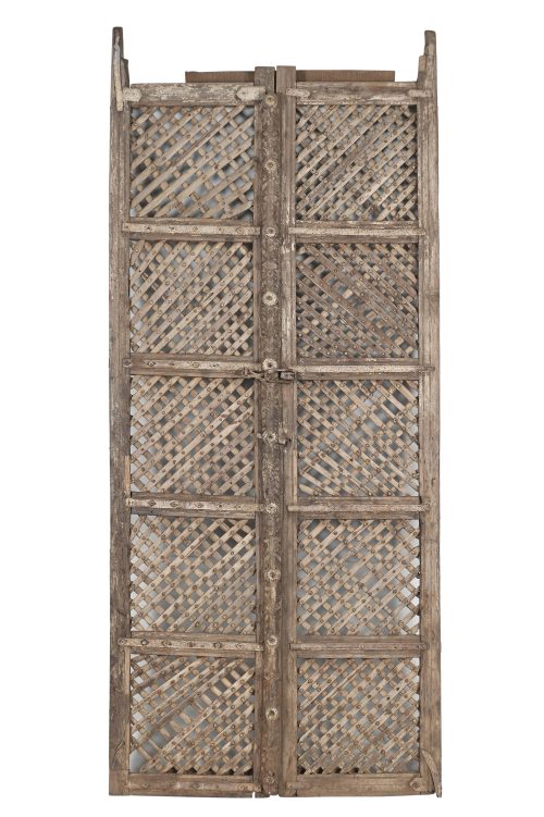Antique Indian Carved and Sun Bleached Teakwood "Jali" Trellis Door, 93Hx40x3