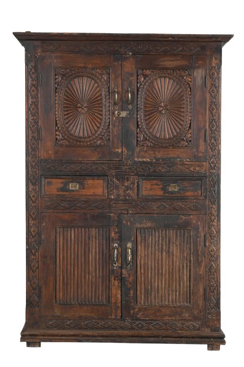 Antique Indian Carved Teakwood 4-door Armoire, 80Hx55x16 - Image 3