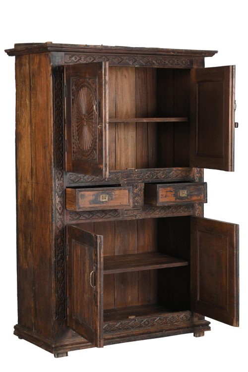 Antique Indian Carved Teakwood 4-door Armoire, 80Hx55x16 - Image 4