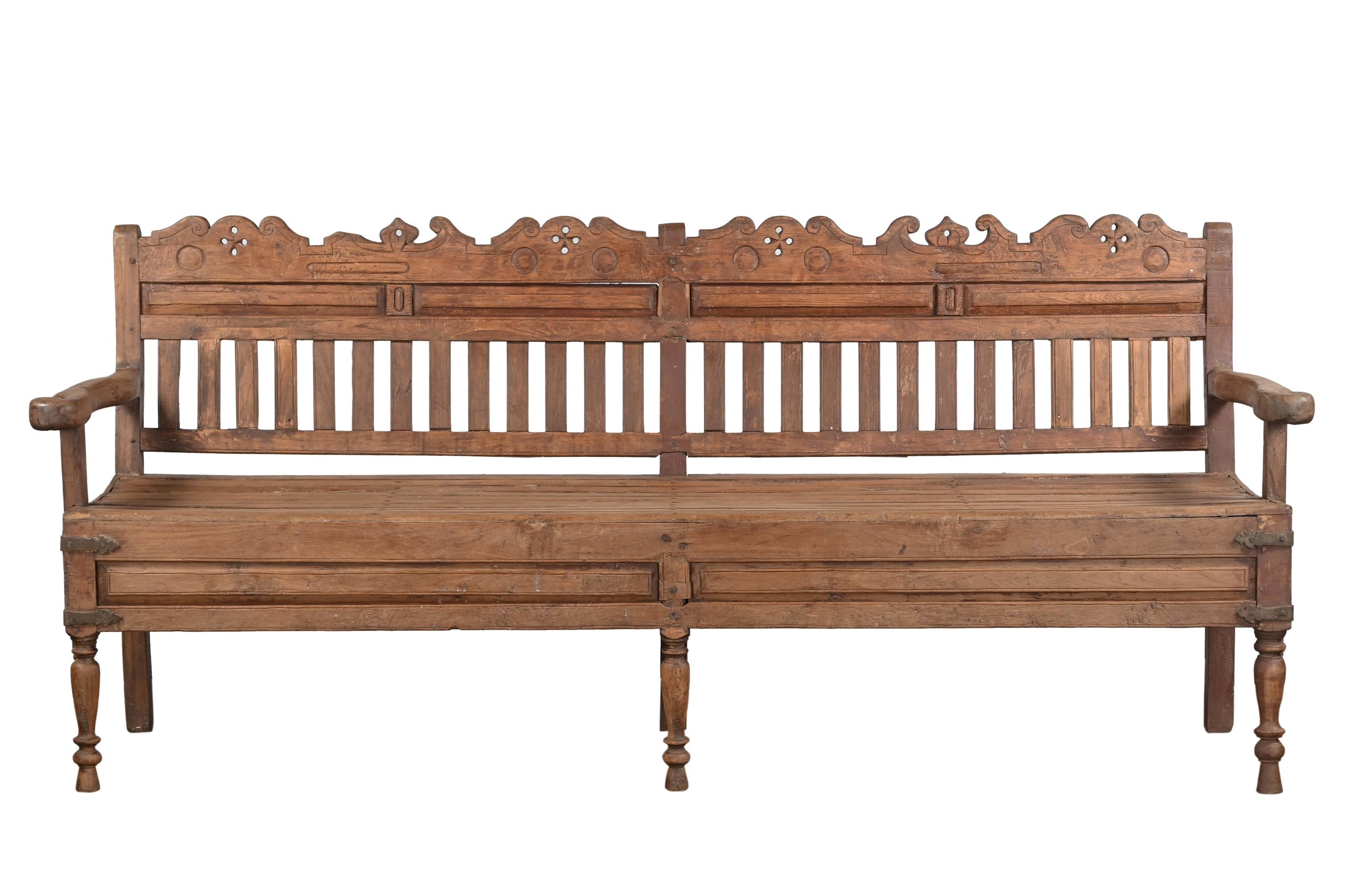 Vintage Indian Spanish Colonial Territorial Style Carved Teakwood Bench, 42Hx94x26 - Image 3