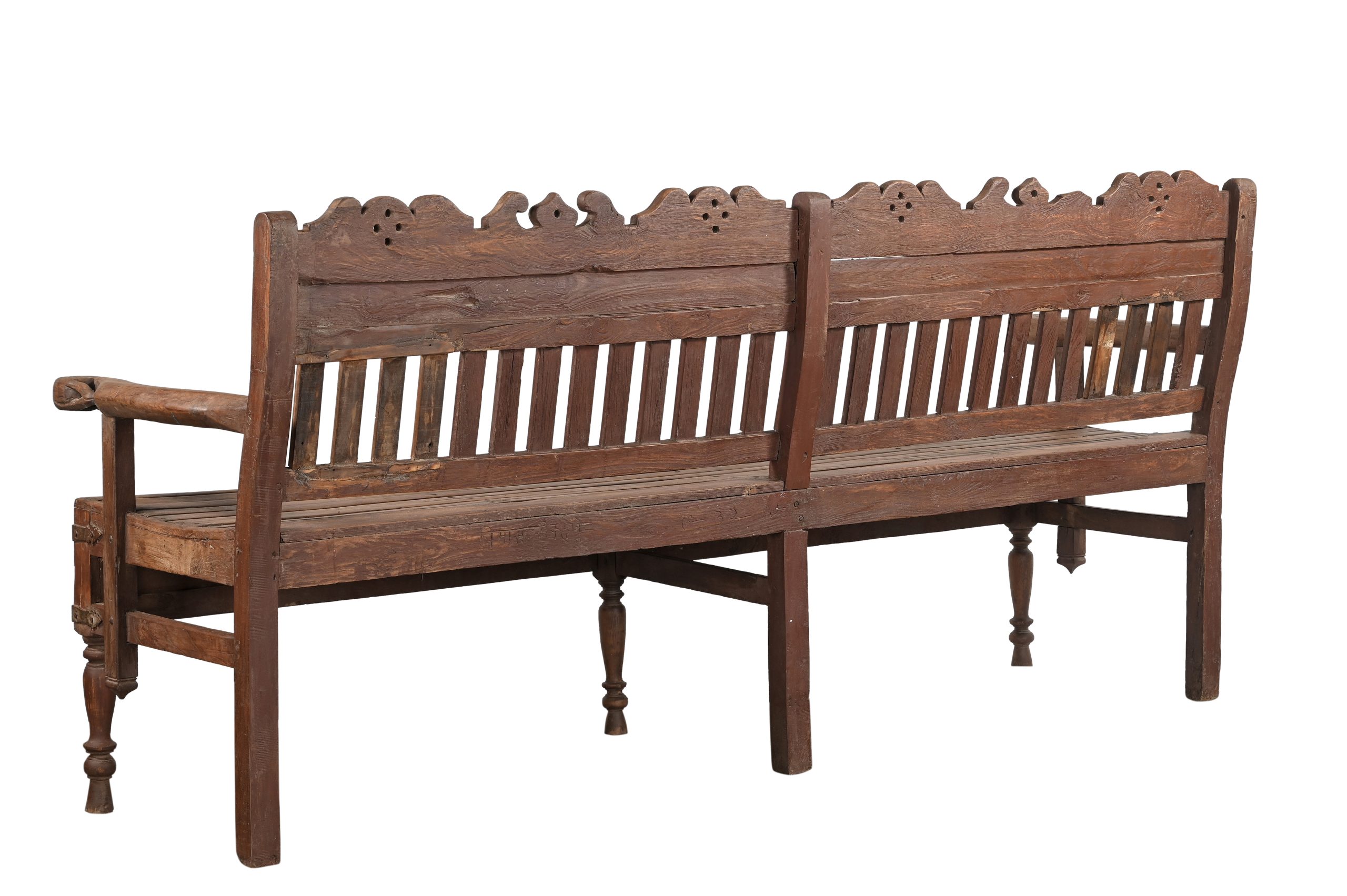 Vintage Indian Spanish Colonial Territorial Style Carved Teakwood Bench, 42Hx94x26 - Image 4