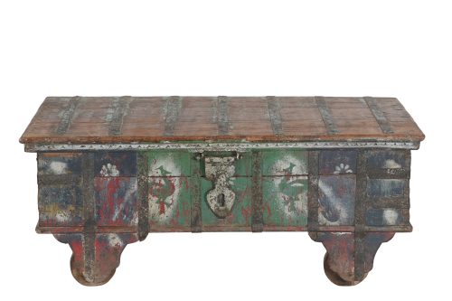 Antique  Indian Teakwood Painted Blanket Chest/Coffee Table, 20Hx54x30 - Image 2