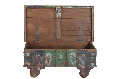 Antique  Indian Teakwood Painted Blanket Chest/Coffee Table, 20Hx54x30 - Image 3