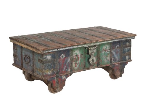 Antique  Indian Teakwood Painted Blanket Chest/Coffee Table, 20Hx54x30