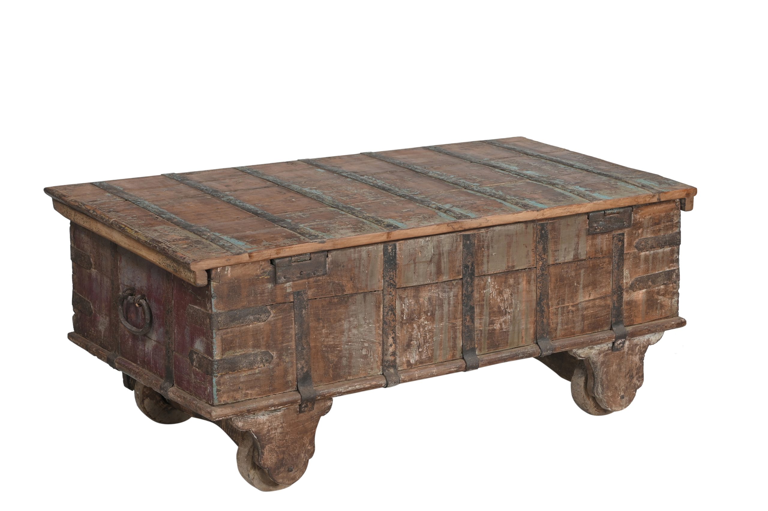 Antique  Indian Teakwood Painted Blanket Chest/Coffee Table, 20Hx54x30 - Image 4