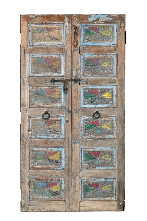 Antique Indian Painted Teakwood Door, 79Hx42x2