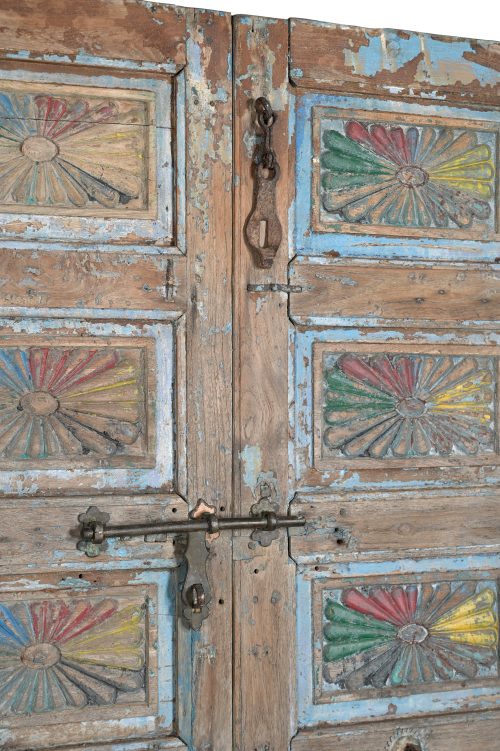 Antique Indian Painted Teakwood Door, 79Hx42x2 - Image 2