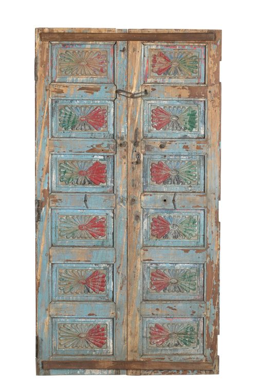 Antique Indian Painted Teakwood Door, 79Hx42x2 - Image 3