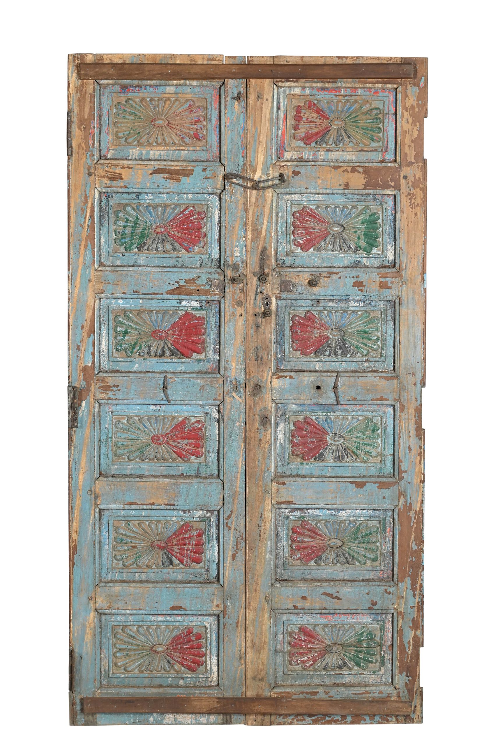 Antique Indian Painted Teakwood Door, 79Hx42x2 - Image 3