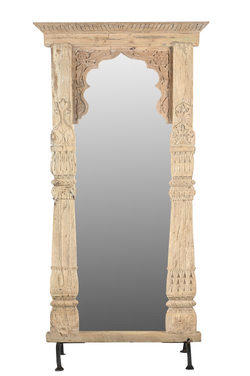 Antique Bleached Teakwood Window Frame Mirror on Iron Legs, 79Hx43x3