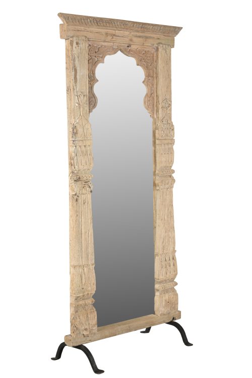 Antique Bleached Teakwood Window Frame Mirror on Iron Legs, 79Hx43x3 - Image 2