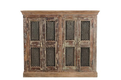 Indian Teakwood Cabinet constructed from Antique Doors with inset Jali Iron, 49Hx57x18 - Image 3