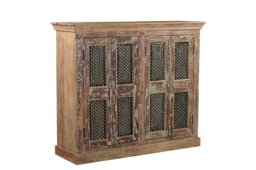 Indian Teakwood Cabinet constructed from Antique Doors with inset Jali Iron, 49Hx57x18