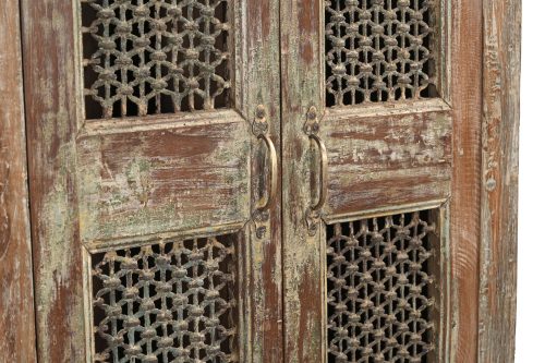 Indian Teakwood Cabinet constructed from Antique Doors with inset Jali Iron, 49Hx57x18 - Image 2