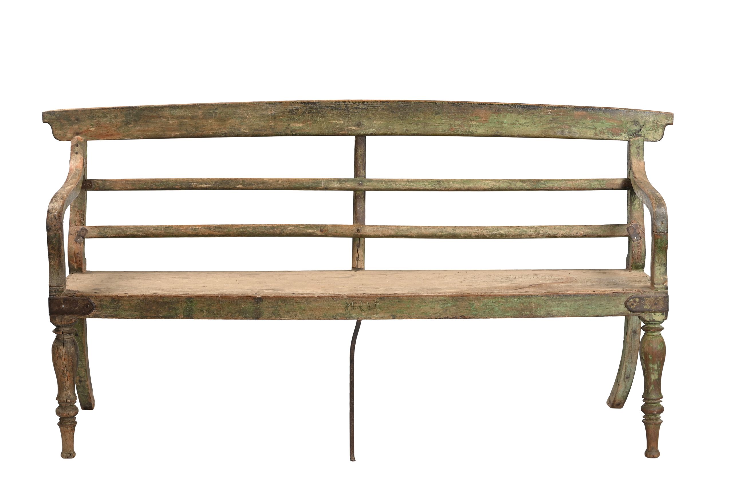 Vintage European colonial style Indian Painted Teakwood Bench, 34Hx68x17 - Image 3