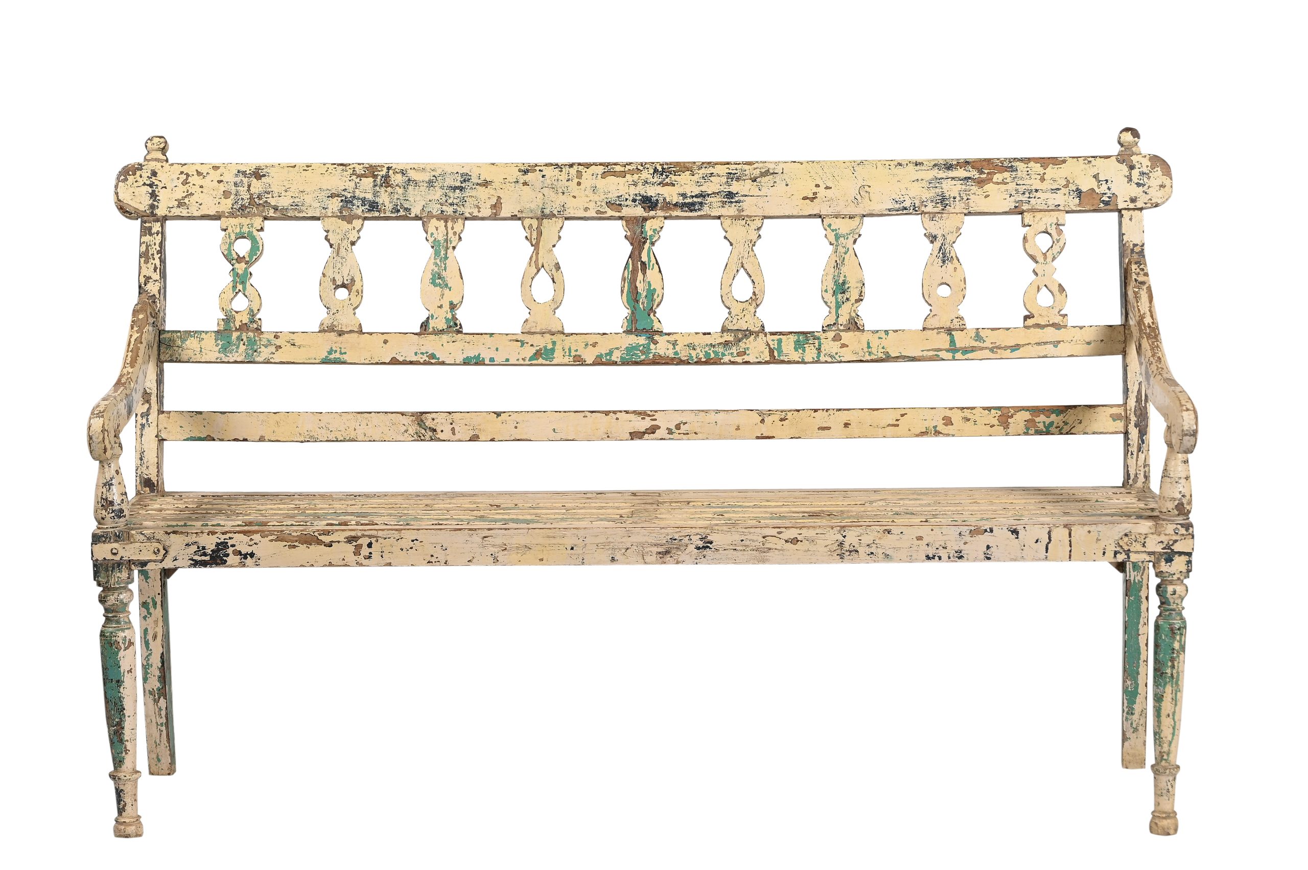 Vintage Anglo-Indian Painted Teakwood Bench, 39Hx65x19 - Image 3