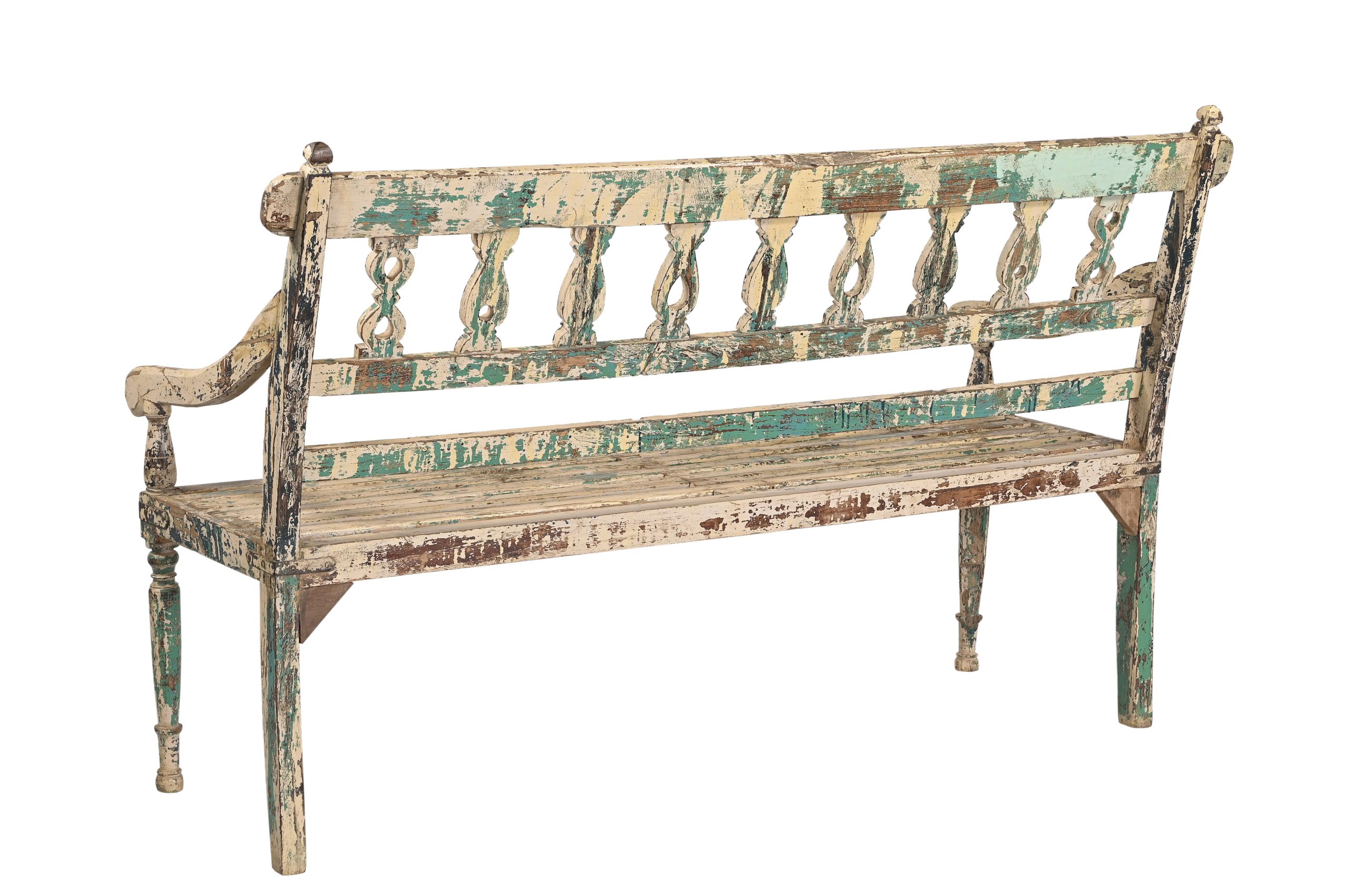 Vintage Anglo-Indian Painted Teakwood Bench, 39Hx65x19 - Image 4