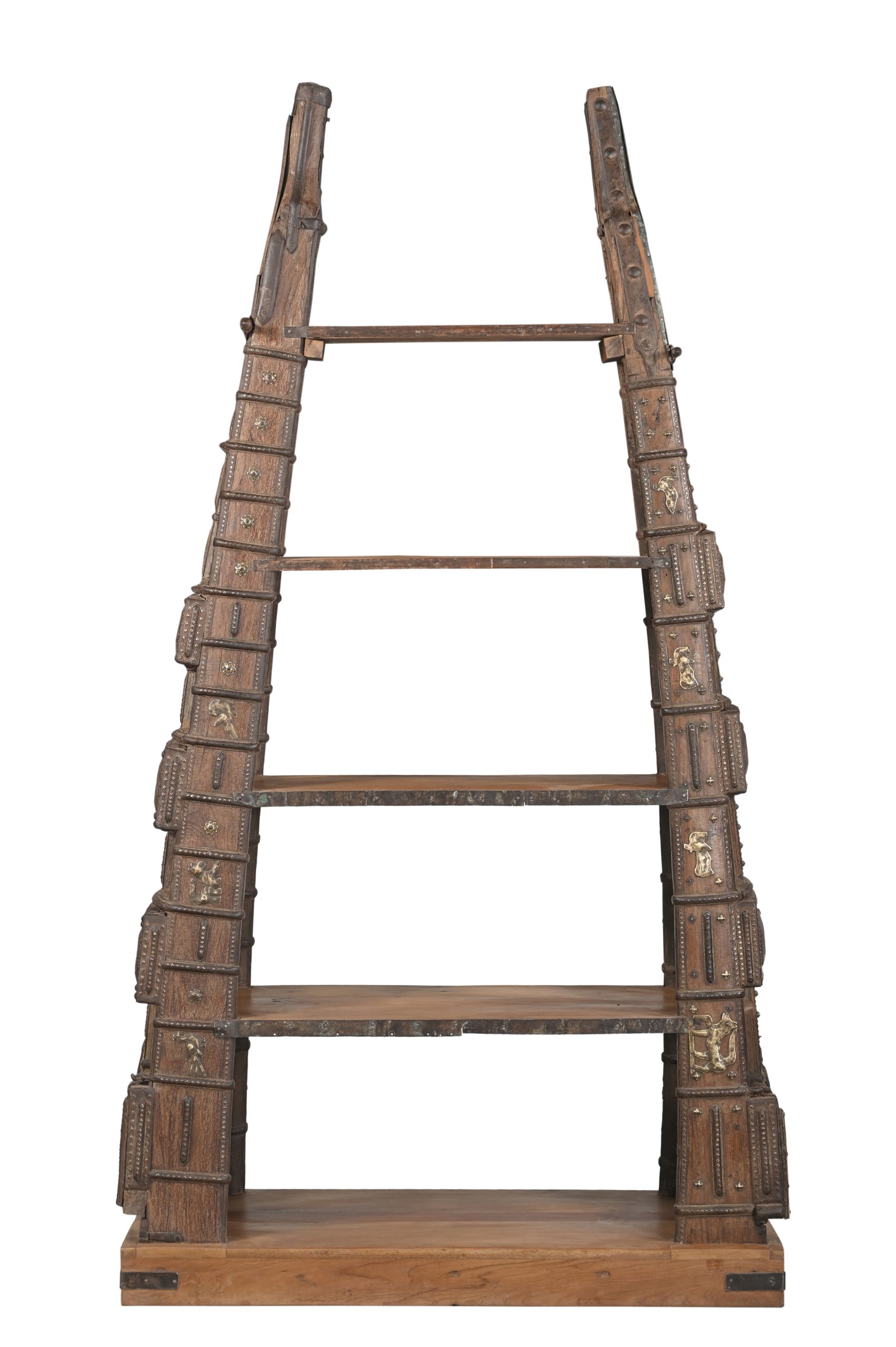 Indian Teakwood, Iron, and Brass Bookcase/Shelf constructed from the yoke of a Vintage Cart, 87Hx47x21 - Image 3