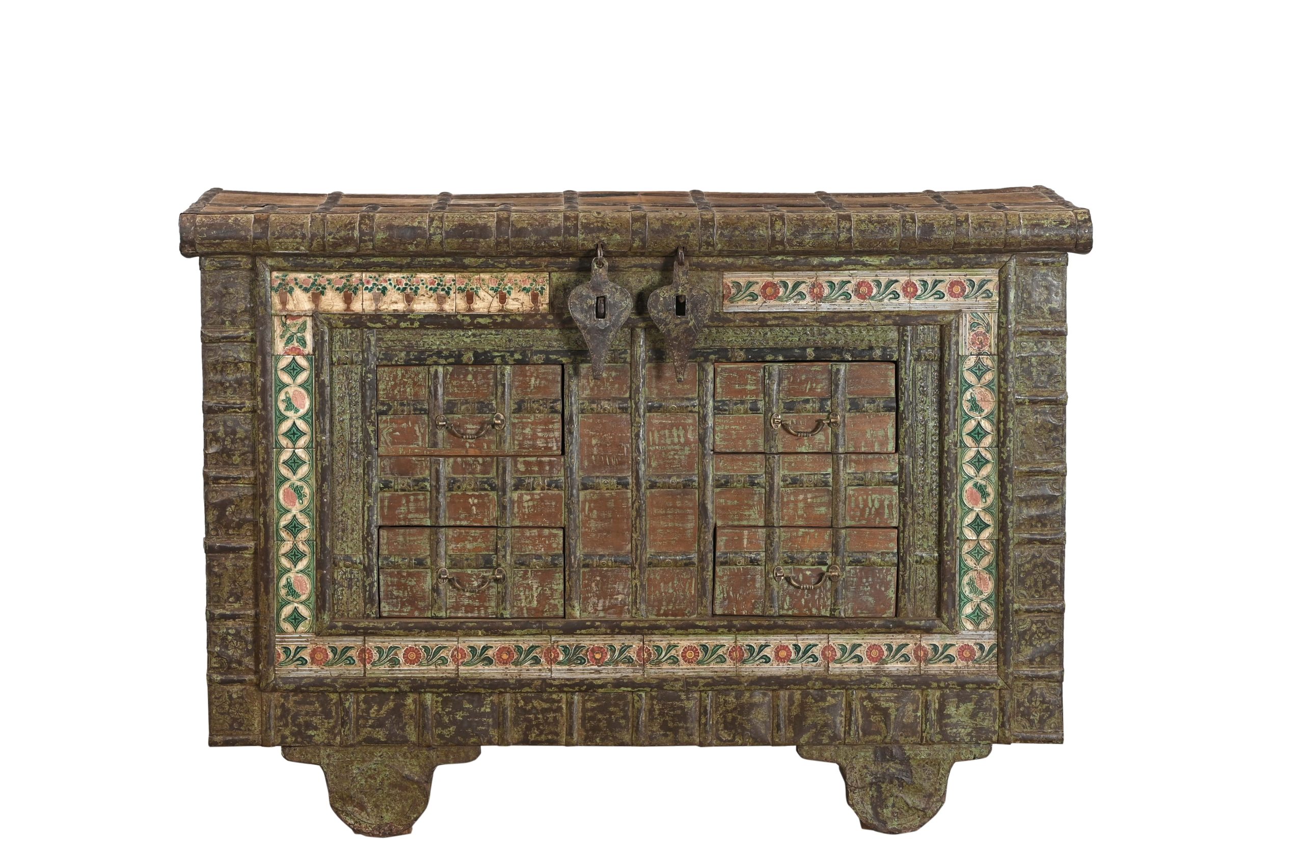 Vintage Indian Painted Teakwood and Iron Pitara Chest, with drawers added, 42Hx59x19 - Image 3