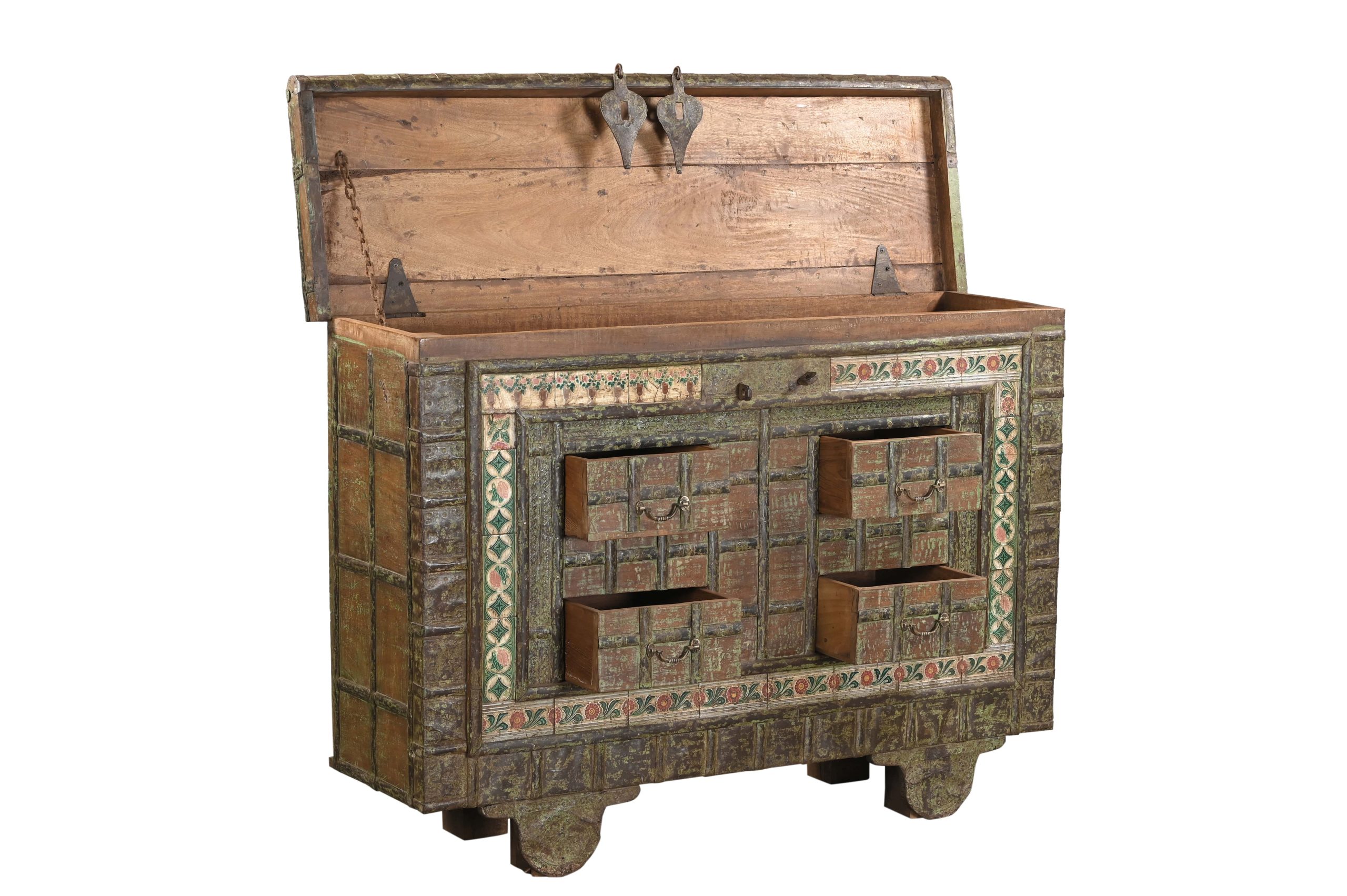 Vintage Indian Painted Teakwood and Iron Pitara Chest, with drawers added, 42Hx59x19 - Image 4