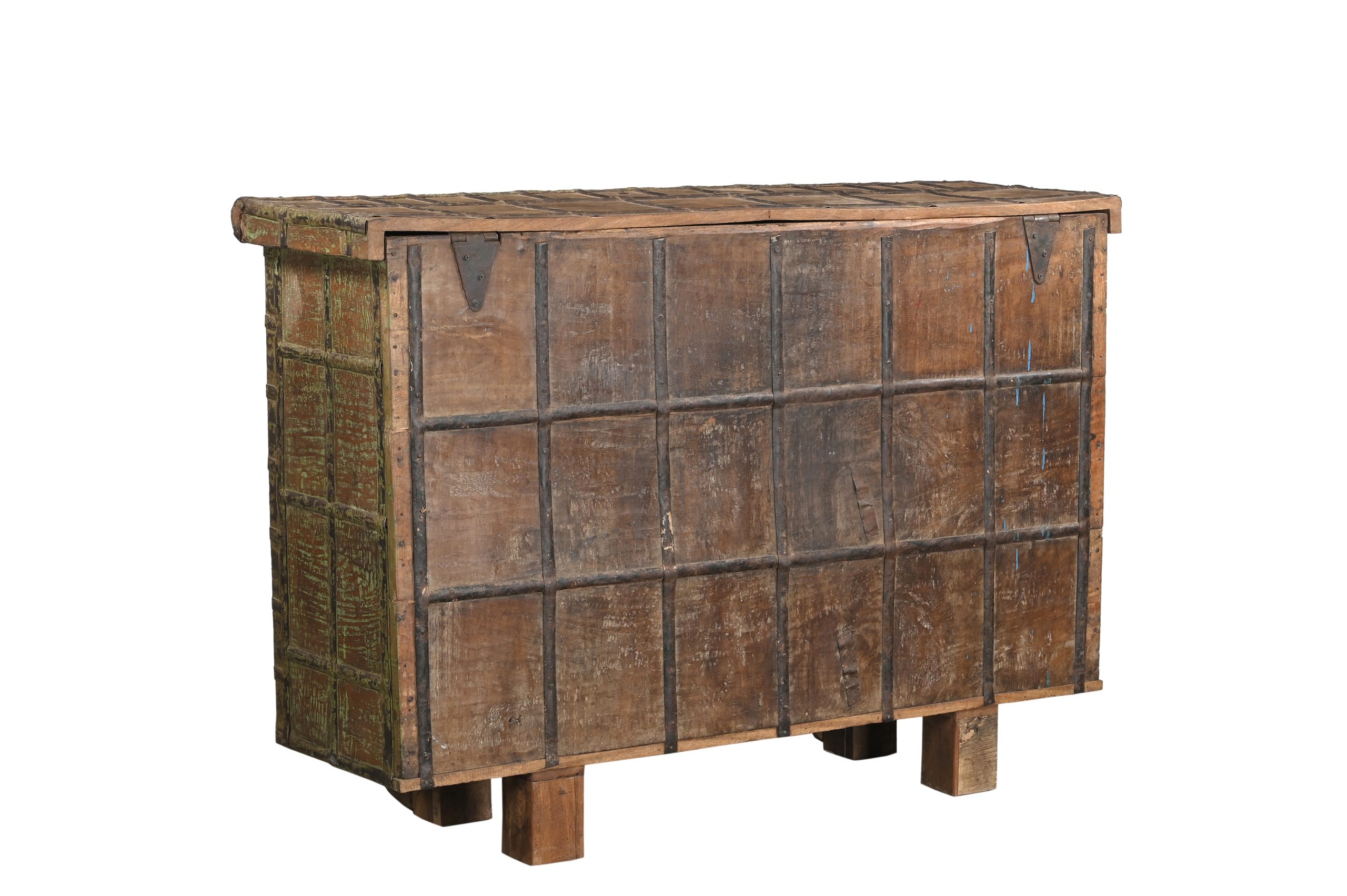 Vintage Indian Painted Teakwood and Iron Pitara Chest, with drawers added, 42Hx59x19 - Image 5