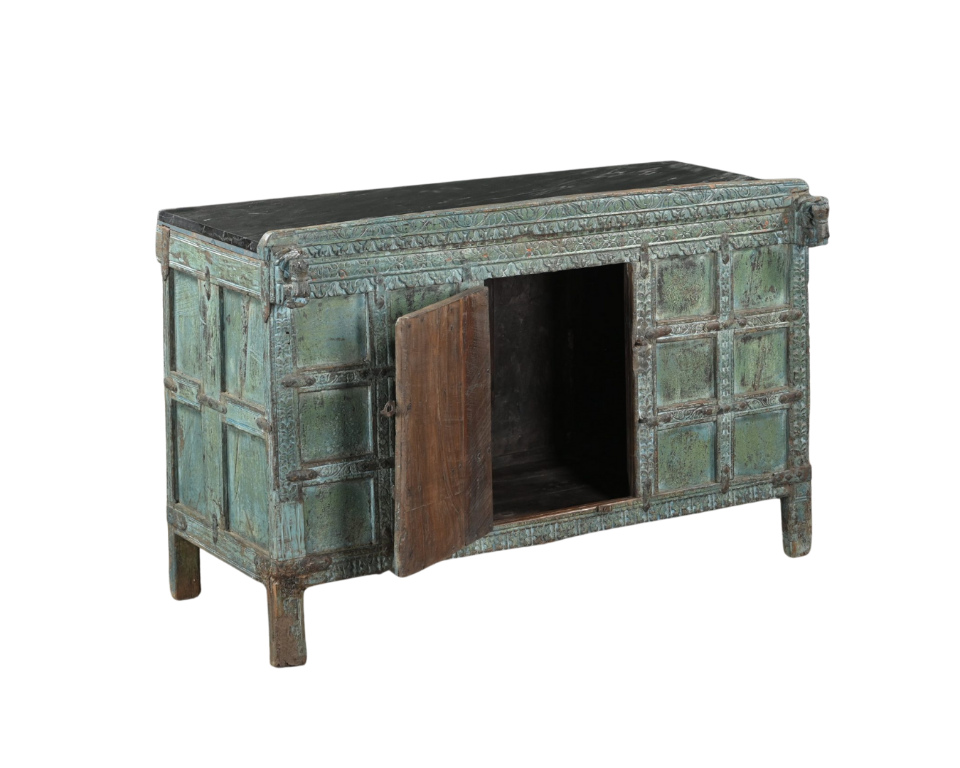 Antique Indian Painted Teakwood Damachiya with later marble top, 30H x45x22 - Image 4