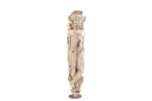 Antique Indian Carved Teakwood Temple Guardian Statue, 33Hx7x6