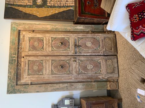 Antique Anglo-Indian Carved and Painted Teakwood Door and Frame, 95Hx61x7