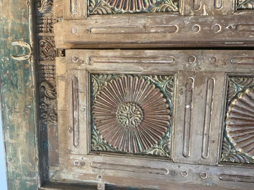 Antique Anglo-Indian Carved and Painted Teakwood Door and Frame, 95Hx61x7 - Image 2
