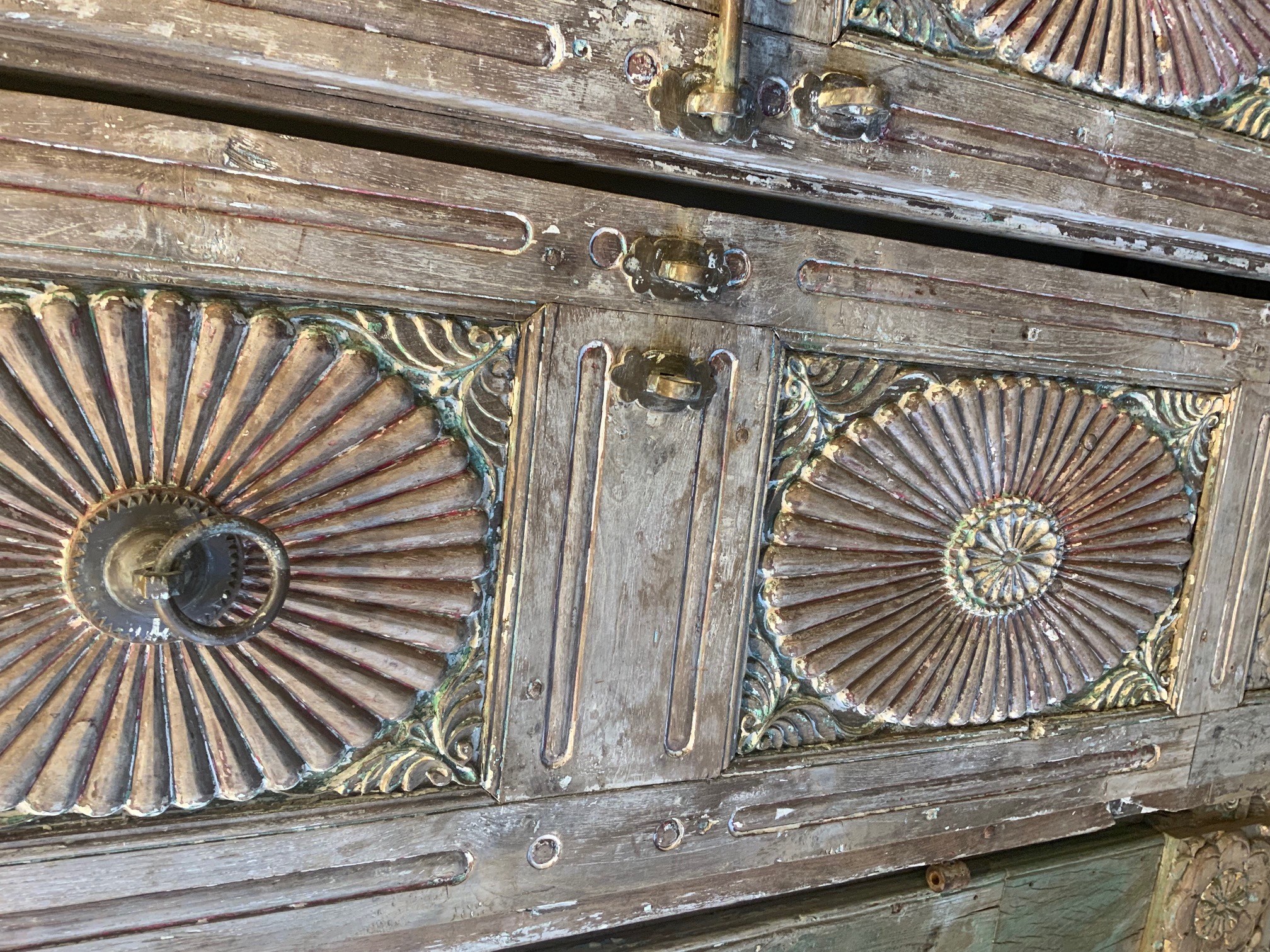 Antique Anglo-Indian Carved and Painted Teakwood Door and Frame, 95Hx61x7 - Image 4