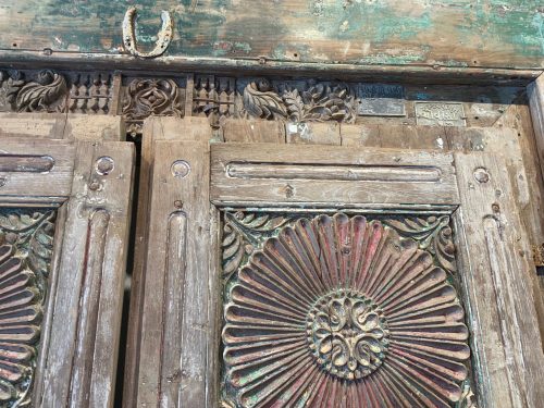 Antique Anglo-Indian Carved and Painted Teakwood Door and Frame, 95Hx61x7 - Image 3