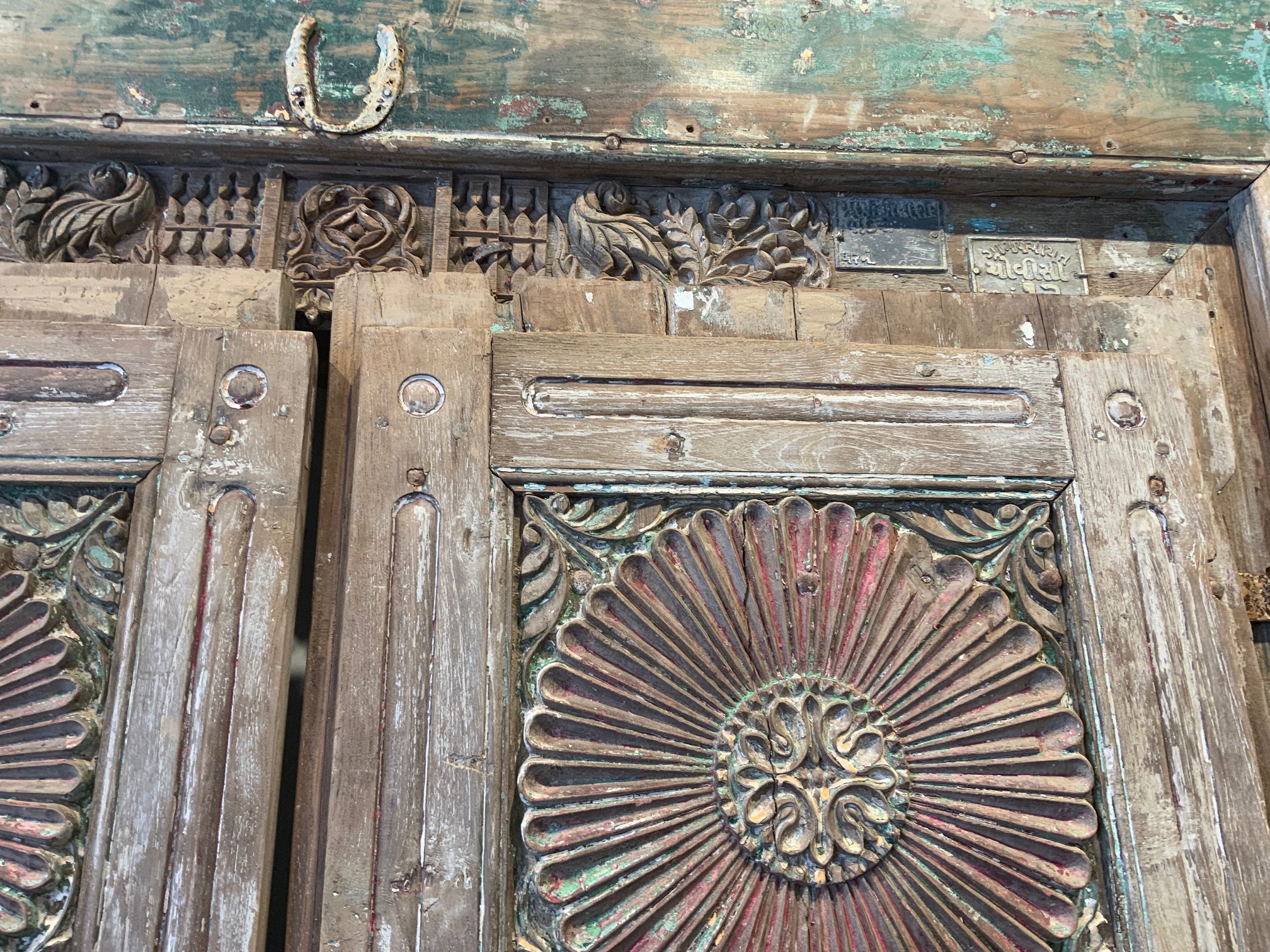 Antique Anglo-Indian Carved and Painted Teakwood Door and Frame, 95Hx61x7 - Image 3