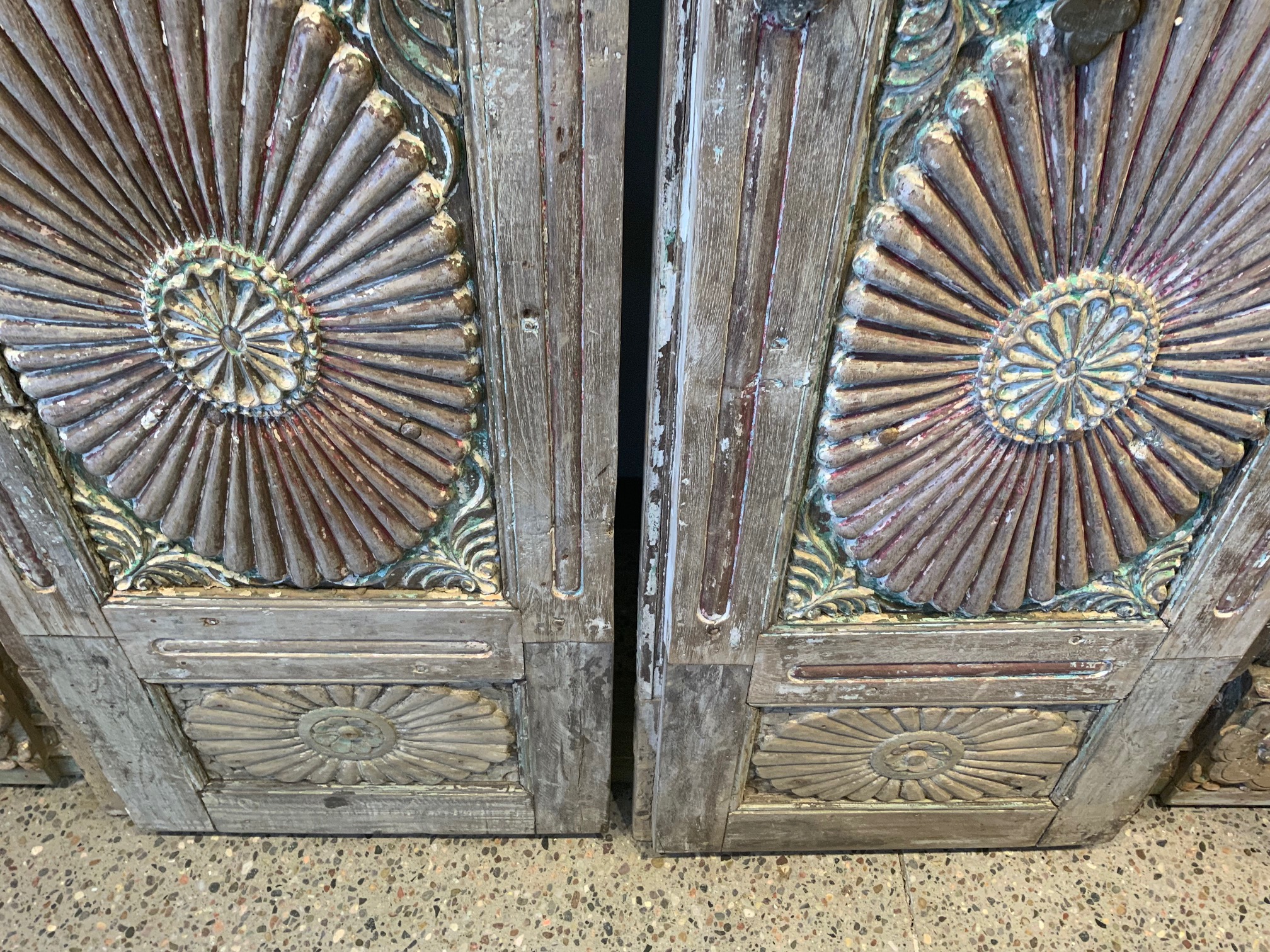 Antique Anglo-Indian Carved and Painted Teakwood Door and Frame, 95Hx61x7 - Image 5