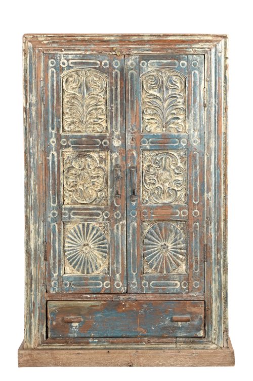 Antique Indian Carved and Painted Small Teakwood Armoire, 57Hx37x13 - Image 3