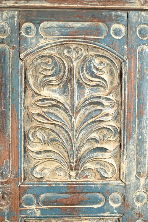 Antique Indian Carved and Painted Small Teakwood Armoire, 57Hx37x13 - Image 2