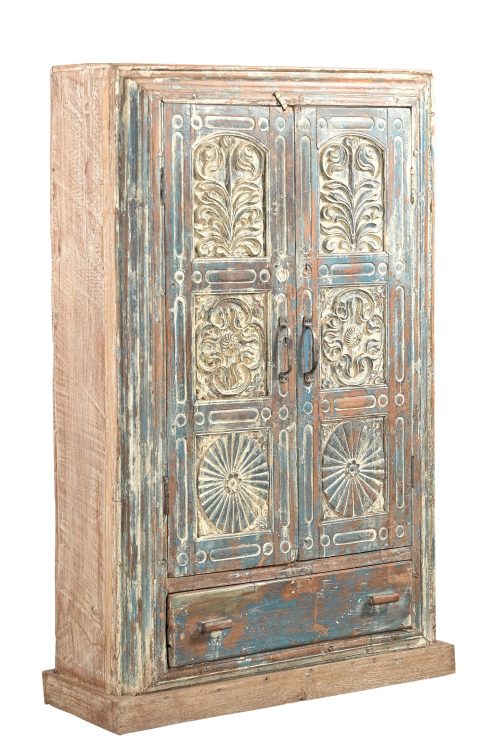 Antique Indian Carved and Painted Small Teakwood Armoire, 57Hx37x13