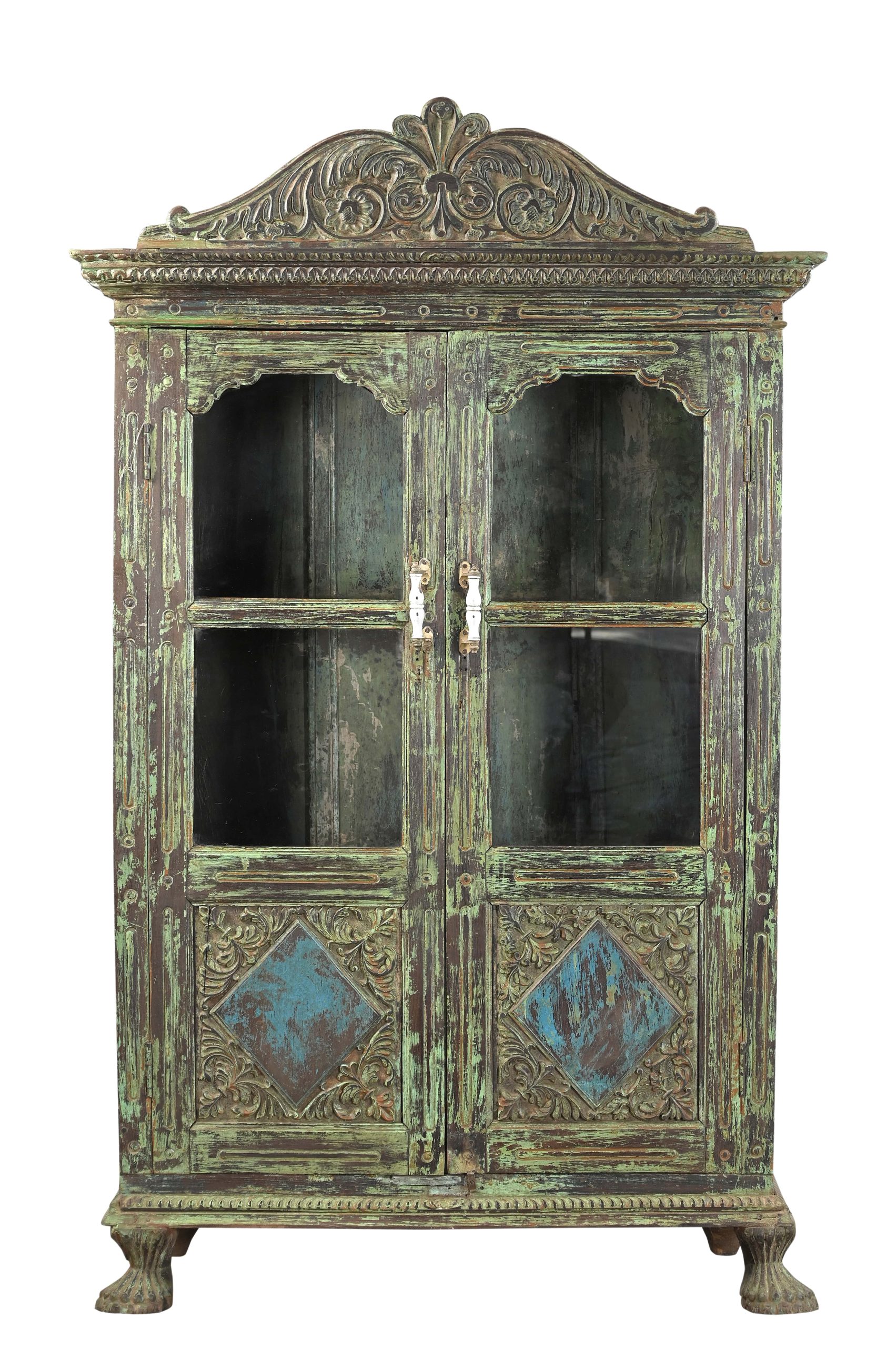 Antique Anglo-Indian Carved and Painted Teakwood Armoire/Bookcase, 78Hx48x22 - Image 3