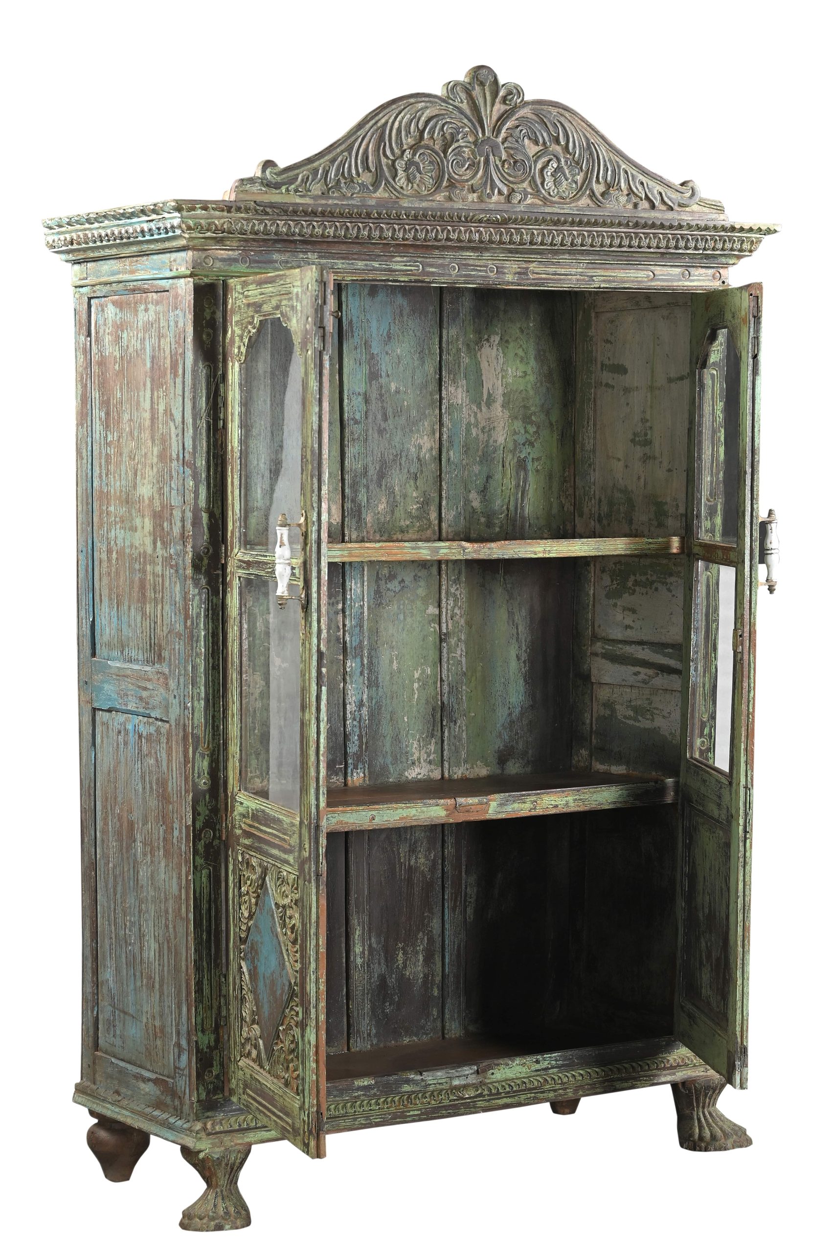 Antique Anglo-Indian Carved and Painted Teakwood Armoire/Bookcase, 78Hx48x22 - Image 4