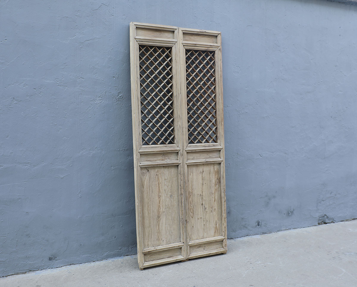 Pair of Antique Chinese Bleached Pine Trellis-top Wall Panels/Doors/Screen, 85Hx17x2 - Image 3