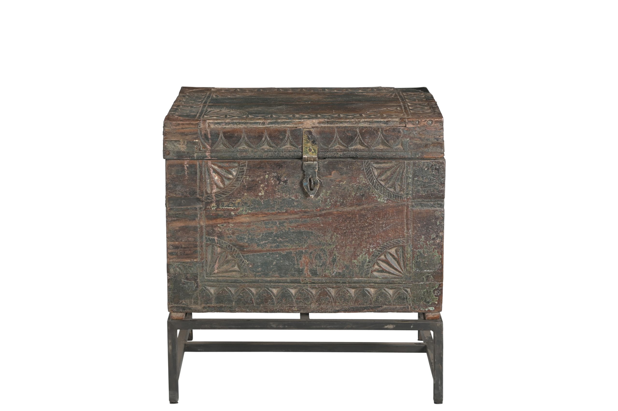 Antique Indian Carved and Painted Chest on Iron Legs, 24Hx23x19 - Image 3