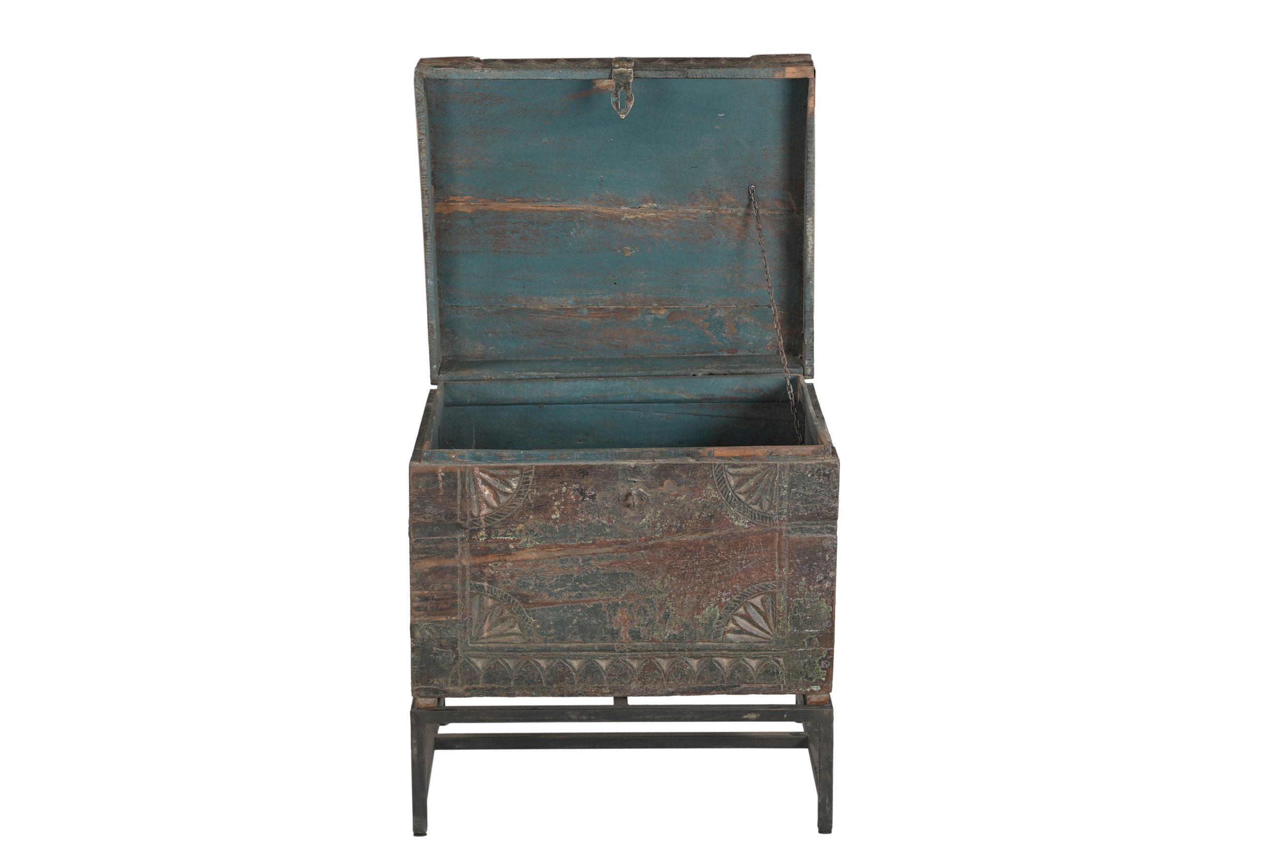 Antique Indian Carved and Painted Chest on Iron Legs, 24Hx23x19 - Image 4
