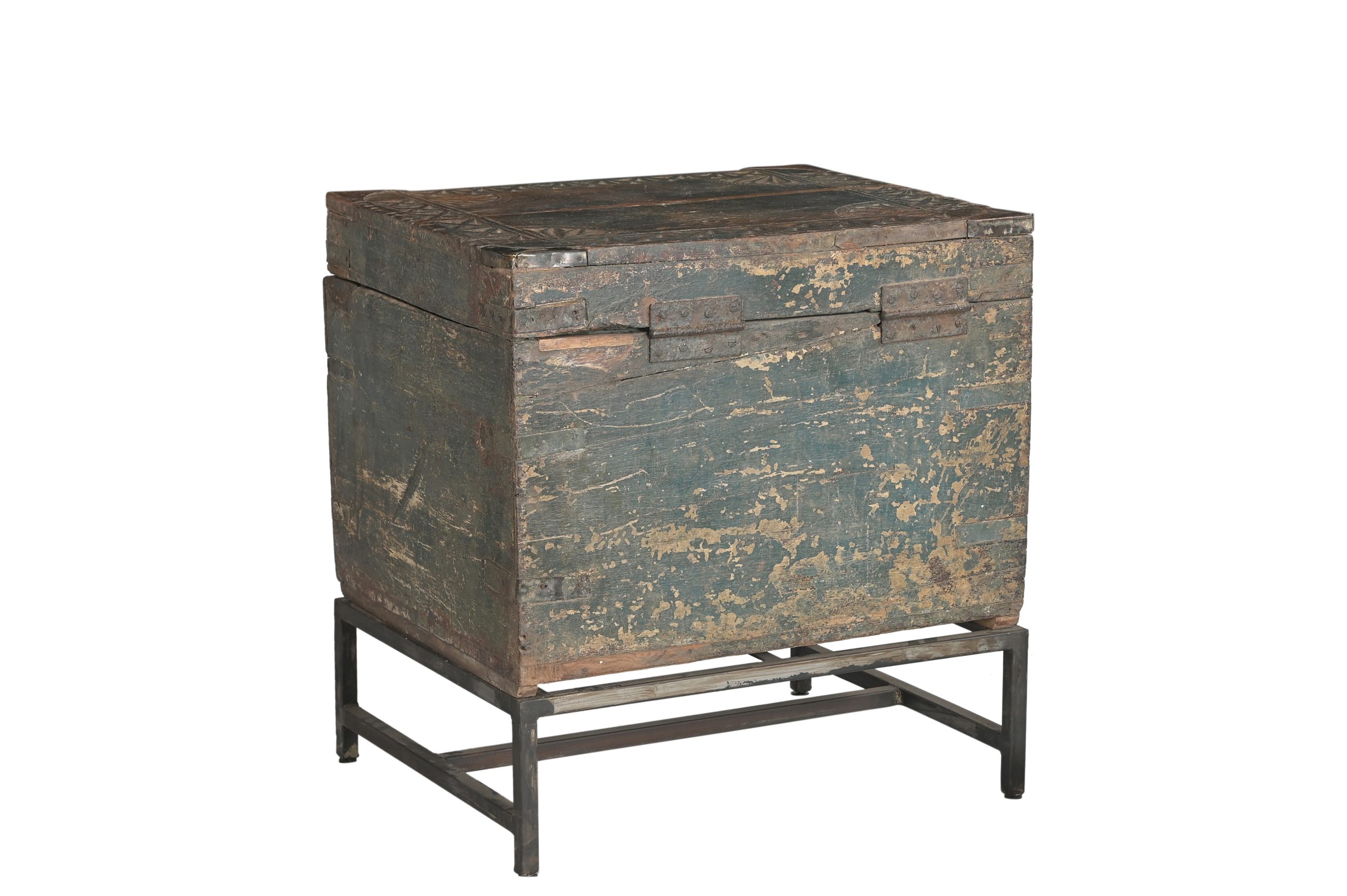 Antique Indian Carved and Painted Chest on Iron Legs, 24Hx23x19 - Image 5