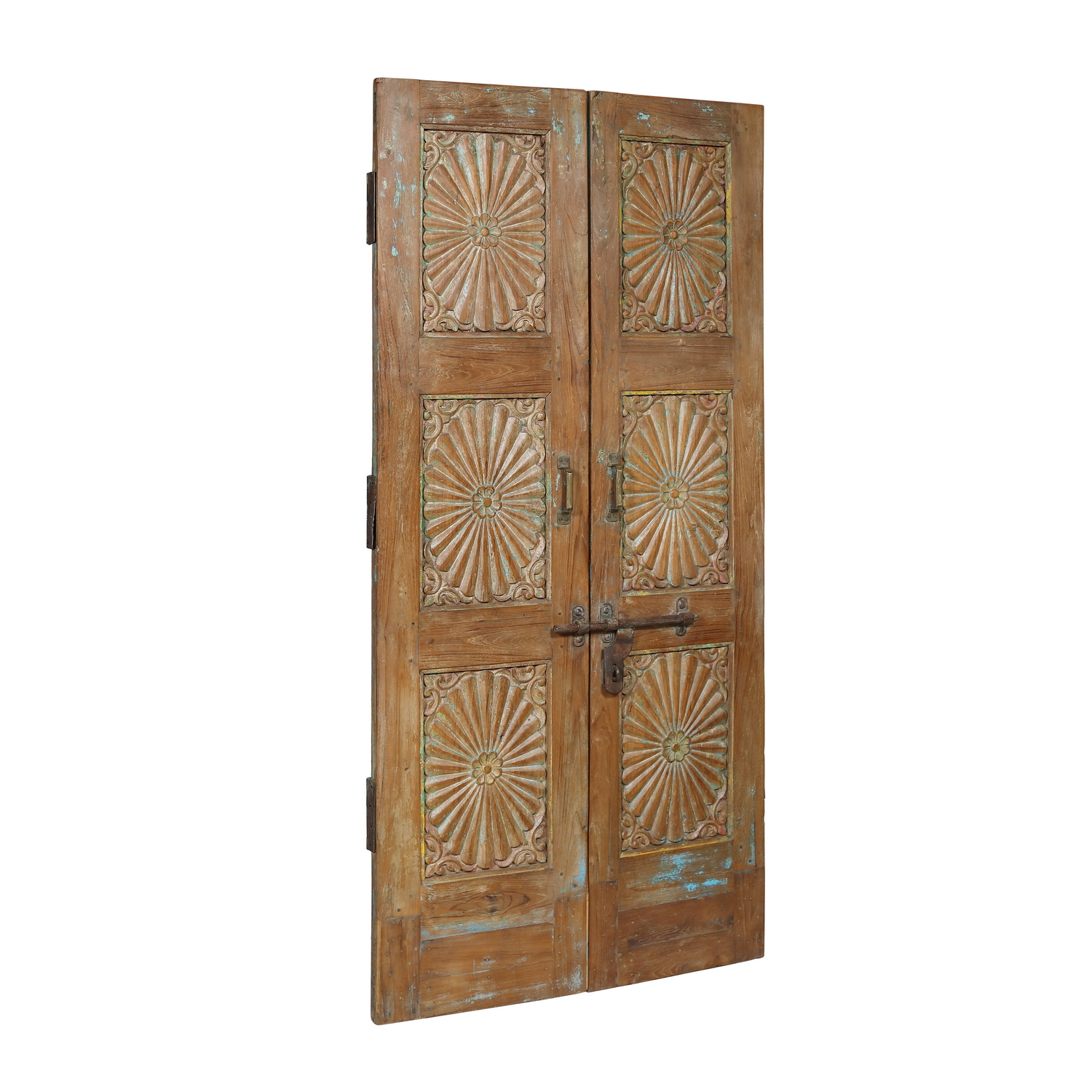 Antique Indian Sunburst Carved Teakwood Door, 38x2x79.5H - Image 4