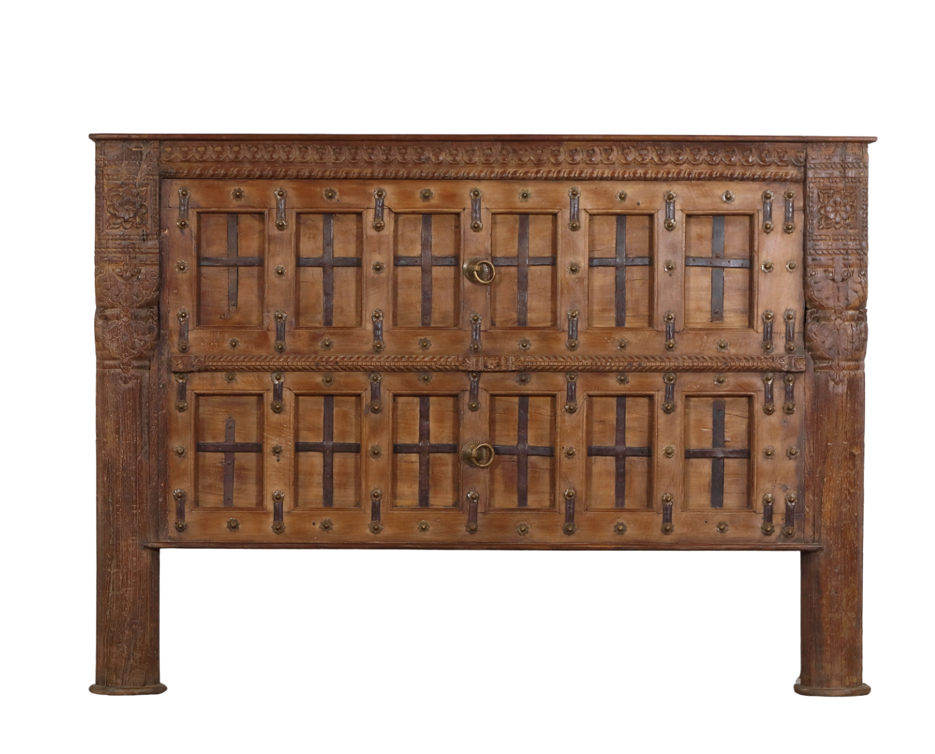 King Size Headboard constructed from an Antique Carved Teakwood Door and Pillars, 84x4x60H - Image 4