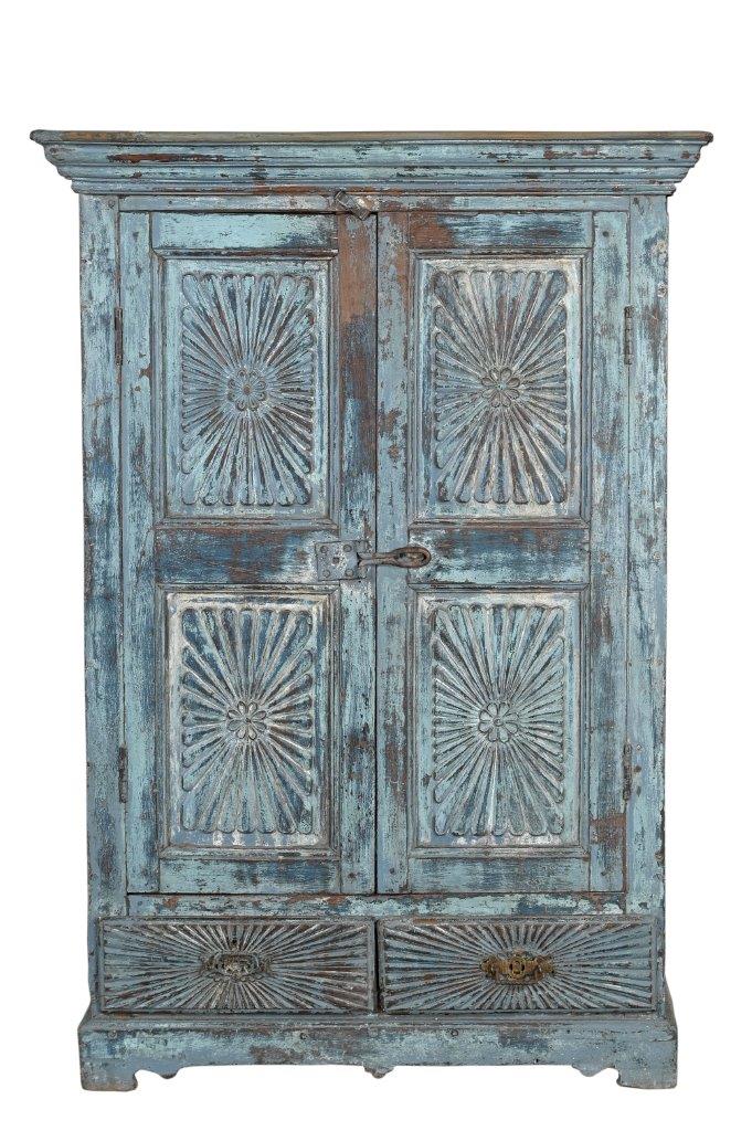 Antique Indian Painted Teakwood Small Armoire, c. 1880-1900,51Hx36x18 - Image 3